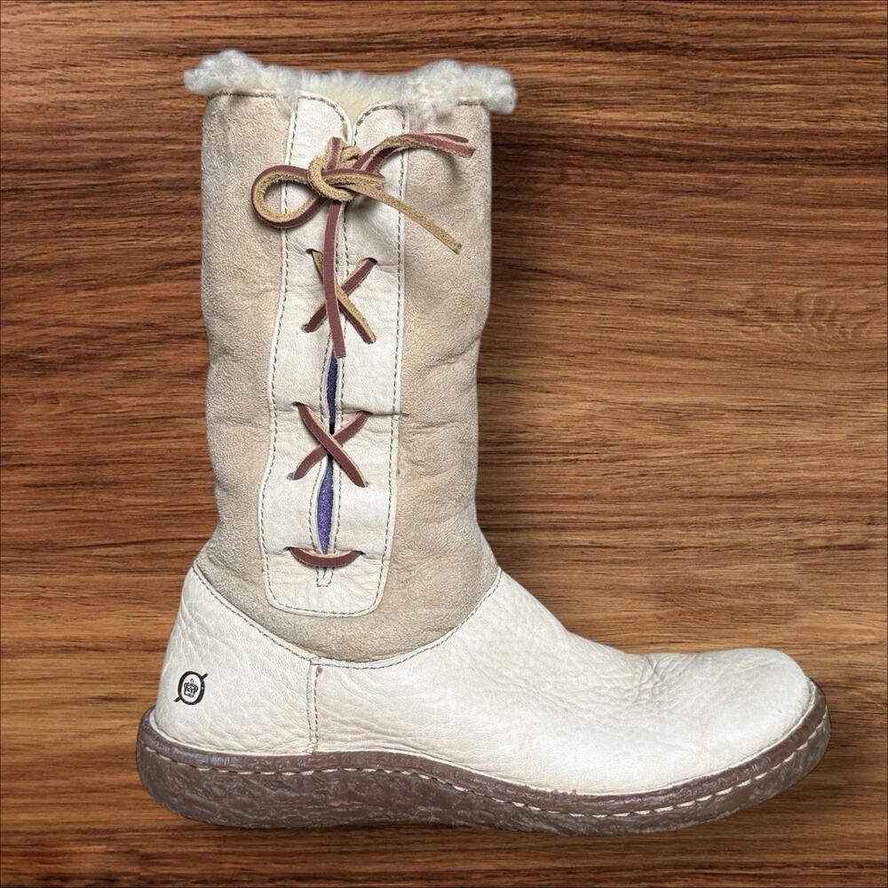 Born Suede Leather Lace Up Boots Sz 6 Womens Shearling Lined Sand Color Tribal
